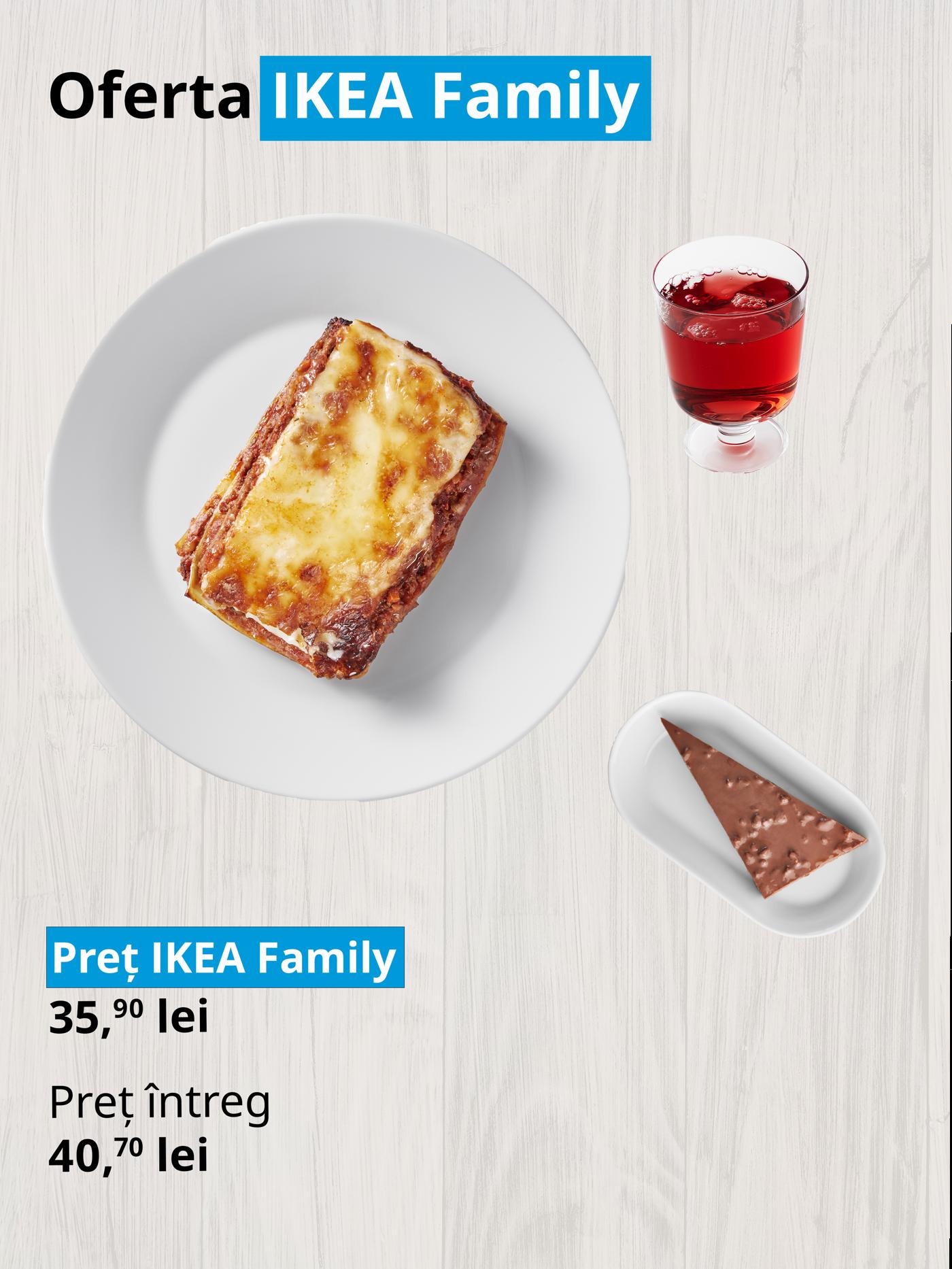 Imaginea prezintă o ofertă IKEA Family cu un fel de mâncare, un pahar cu o salată. Prețul redus este 35,90 lei, comparativ cu prețul întreg de 40,70 lei.