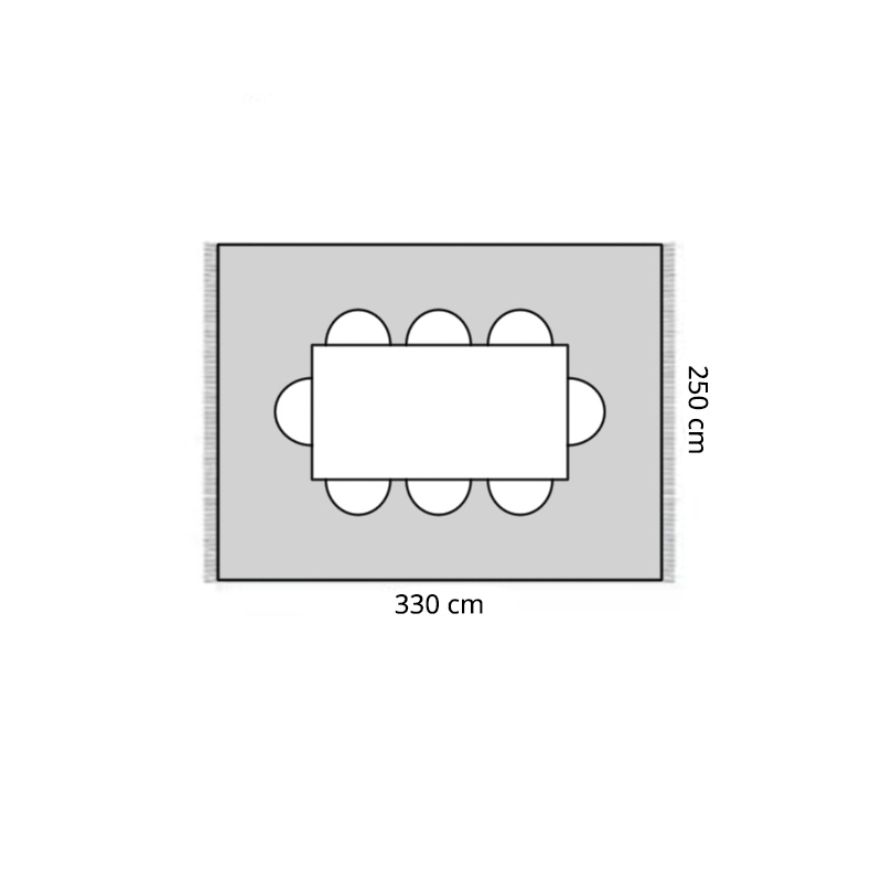 Imatge que indica les mesures d'una catifa, de 250 cm x 330 cm, per a una taula de 8 persones.