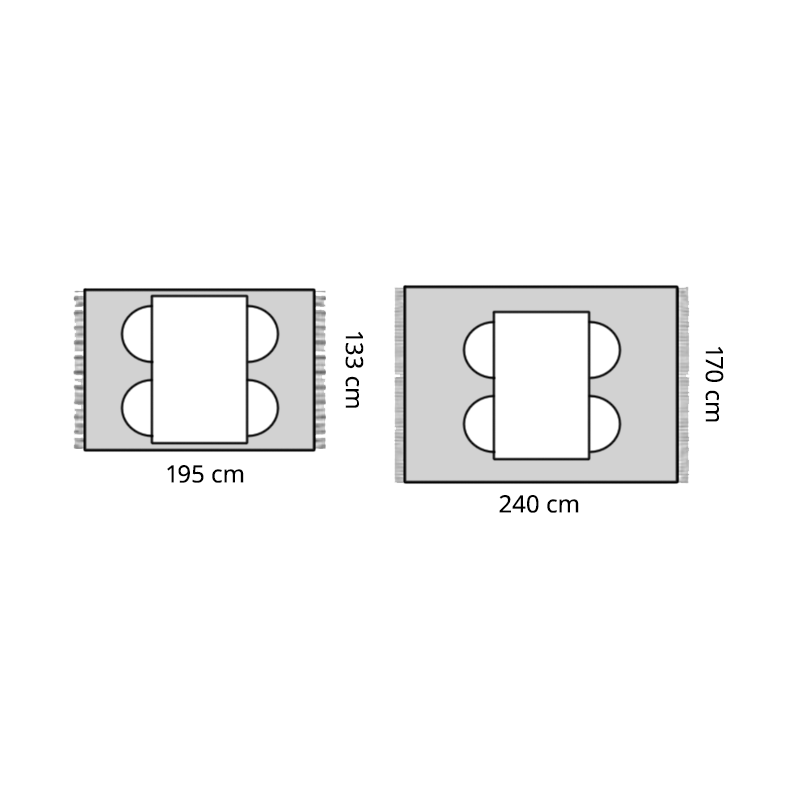 Imatge que mostra dues catifes, de 133x195 cm i 170x240 cm, dissenyades per a una taula de menjador de 4 persones.