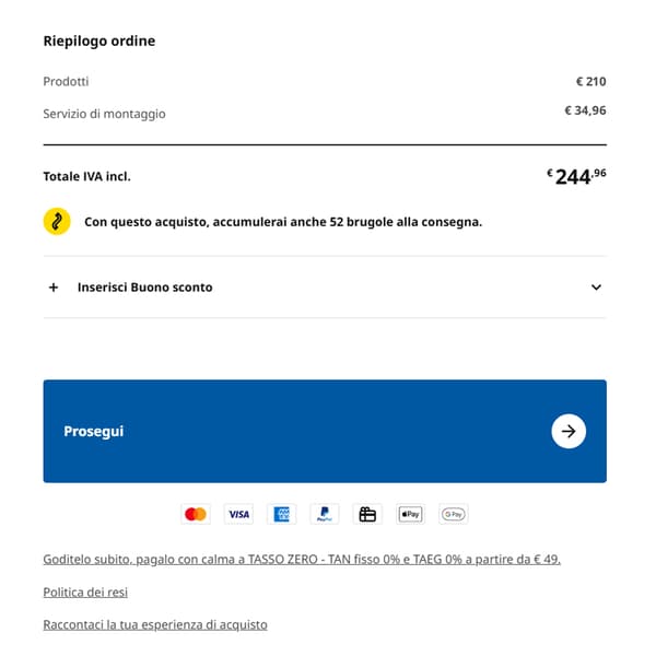 Immagine catturata dal carrello del sito ikea.it con il dettaglio dell'ordine