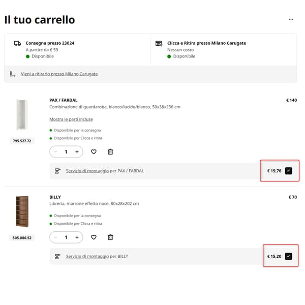 Immagine catturata dal carrello del sito ikea.it con le specifiche di prodotti selezionati