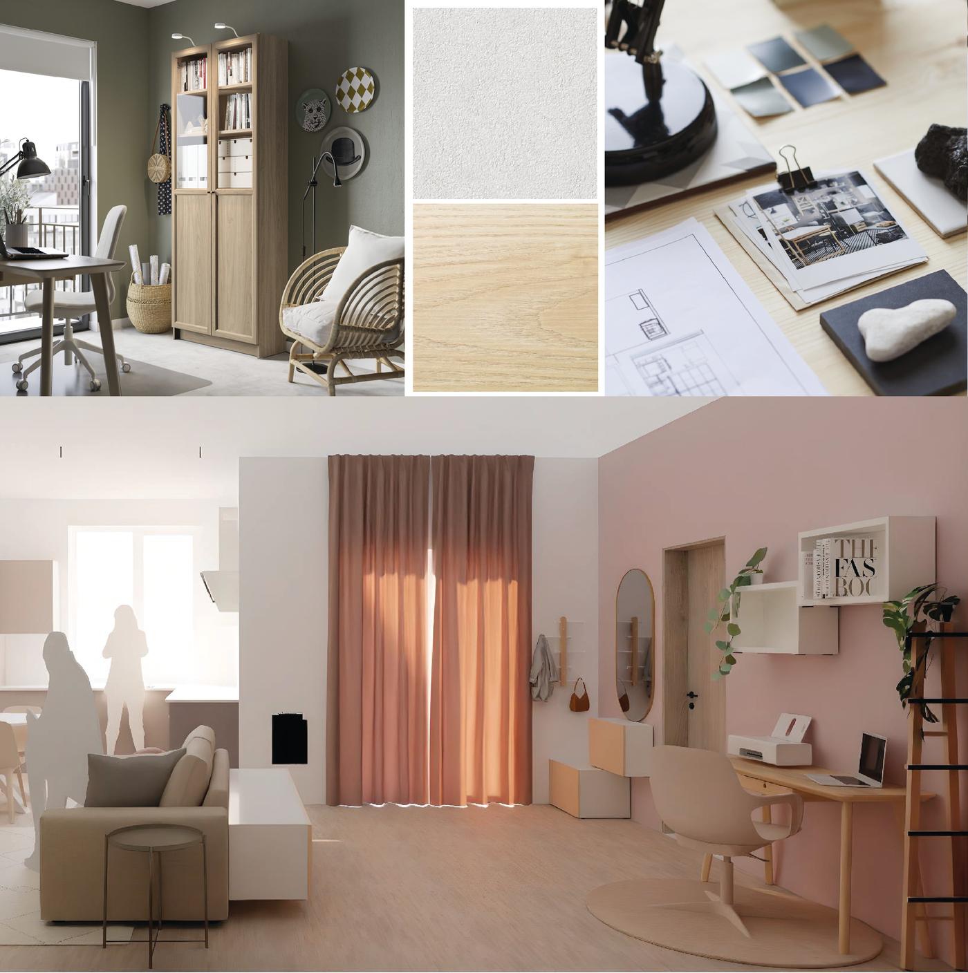 Immagine composta da più fotografie di ambienti della casa e di render di progetti d'arredamento.