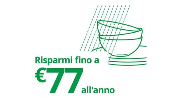 Immagine con stoviglie impilate e un getto d'acqua. Accanto, una scritta sul risparmio di acqua.