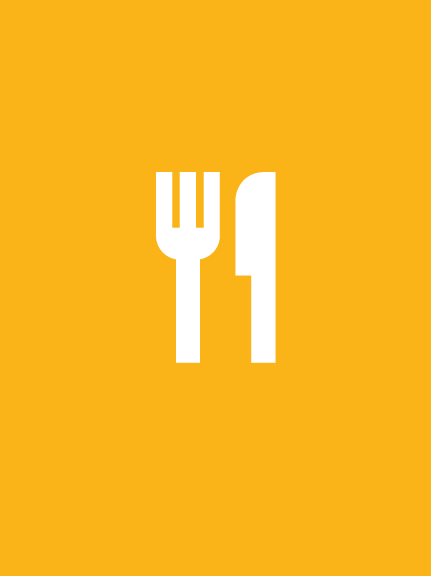 Immagine grafica con un pittogramma di una forchetta e un coltello su fondo giallo. Rappresenta l'azione del mangiare.