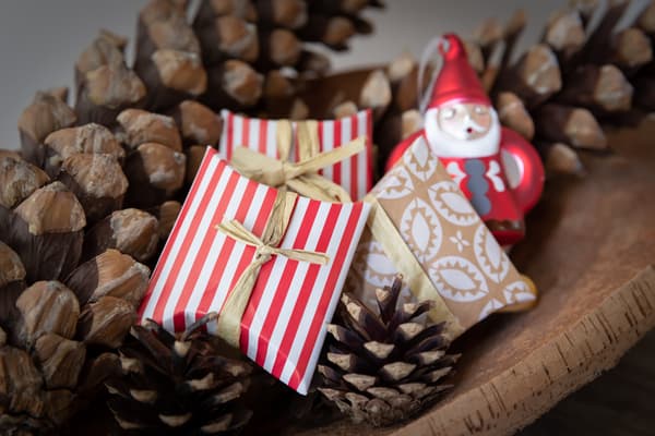 In einer Holzschale liegen Geschenke und Tannenzapfen.