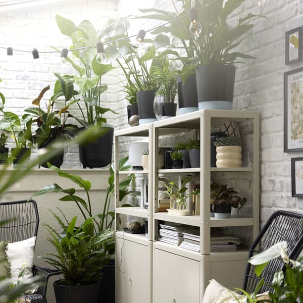 Indoor seating area filled with potted live plants on shelves, tables, and chairs near a bright brick wall.