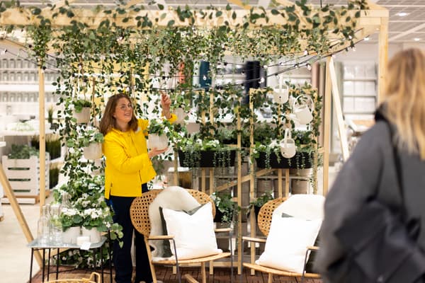 Inomhusmiljö med pergola, växter, ljusslingor, två rottingstolar och en IKEA medarbetare som justerar växter i utställningen.
