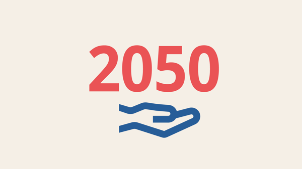 青い手の輪郭と赤い文字で『2050』と表示されたイラスト。