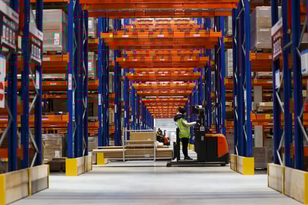 Inside the distribution centre with two fork lifts going in an aisle of racking