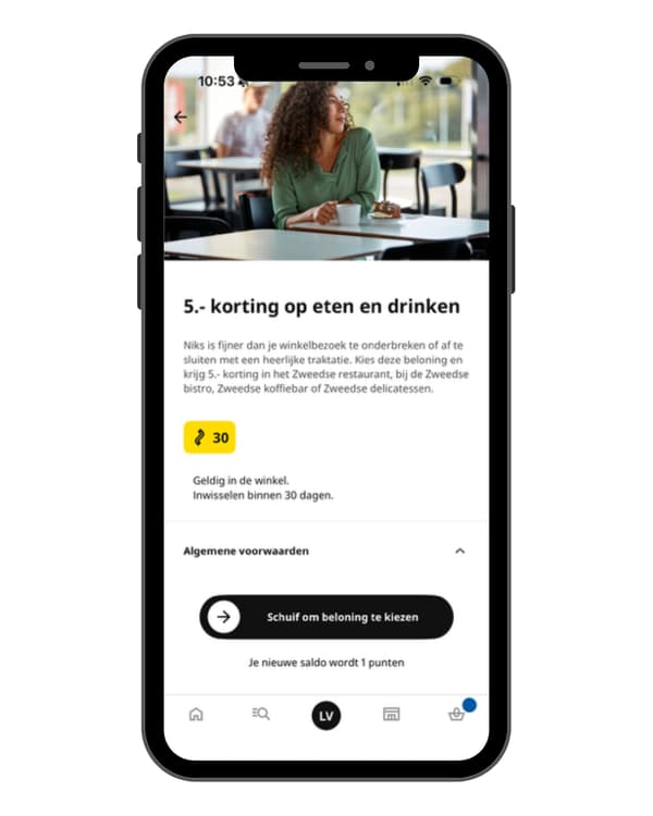 Instructies voor het vinden van je IKEA Family punten in de IKEA app. Stap 3 is kies je volgende beloning.