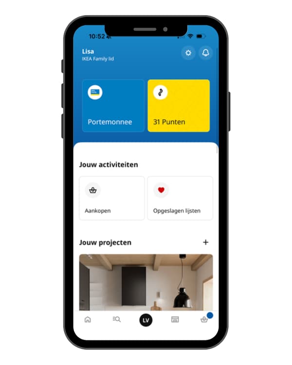 Instructies voor het vinden van je IKEA Family punten in de IKEA app. Stap 1 is log in met je IKEA Family account ​en ga naar je persoonlijke profiel.