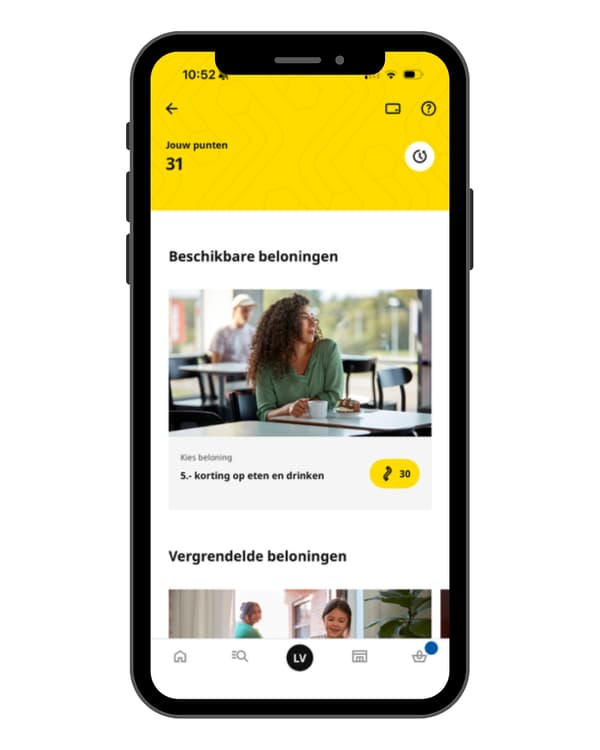 Instructies voor het vinden van je IKEA Family punten in de IKEA app. Stap 2 is bekijk je punten en beloningen​.