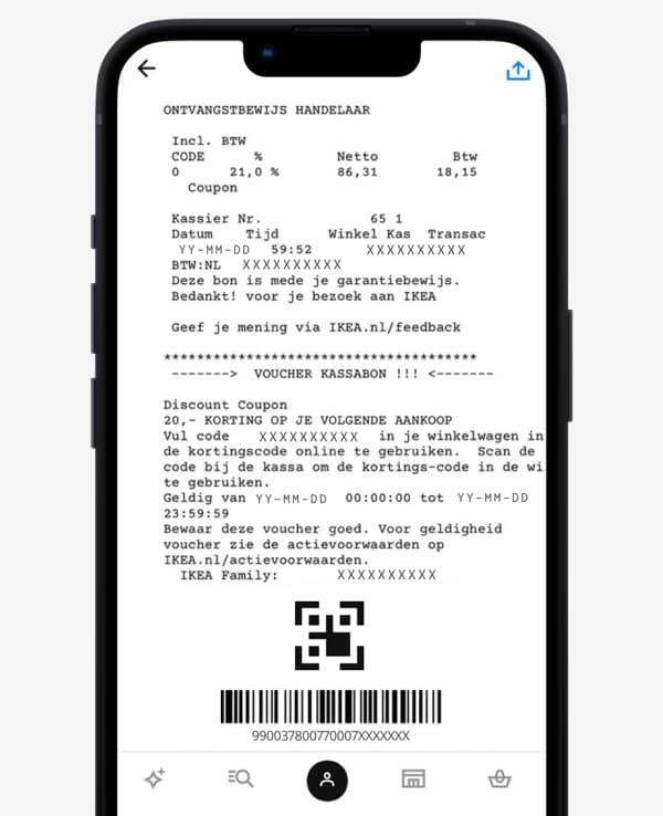 Instructies voor het vinden van je kassabon in de IKEA app. Stap 3 is scroll naar beneden om je tegoedbon te bekijken (als je in aanmerking bent gekomen). 
