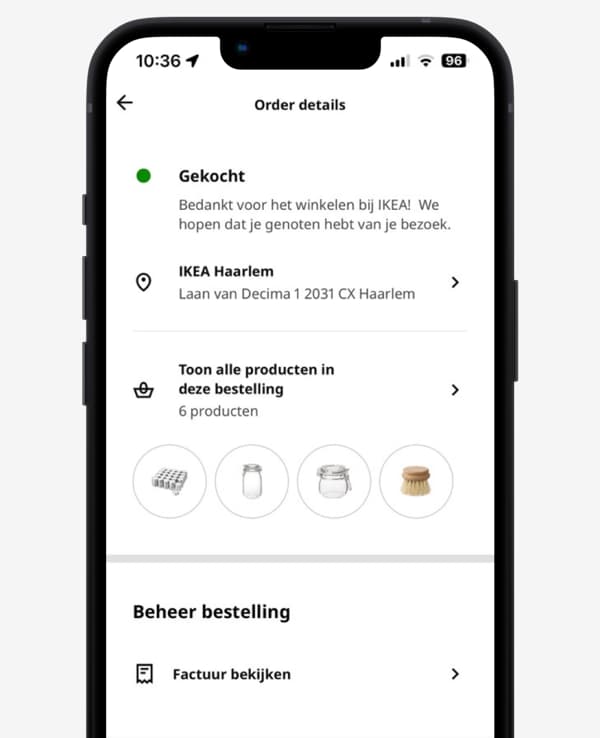 Instructies voor het vinden van je kassabon in de IKEA app. Stap 2 is klik op 'Factuur bekijken'.
