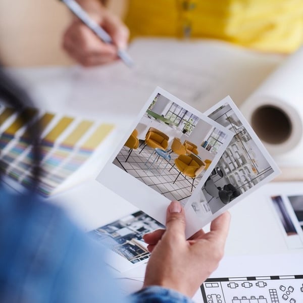 Interior designer reviewing printed photos of modern living spaces with yellow chairs and shelving units.