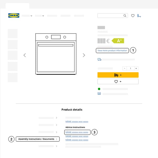 Internetinės orkaitės gaminio informacijos puslapis su 1 veiksmu.
