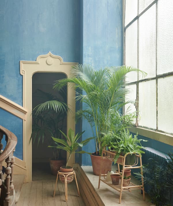 Interno in stile rustico decorato in modo raffinato. Ampie finestre e piante, di cui alcune nel piedistallo per piante BUSKBO.