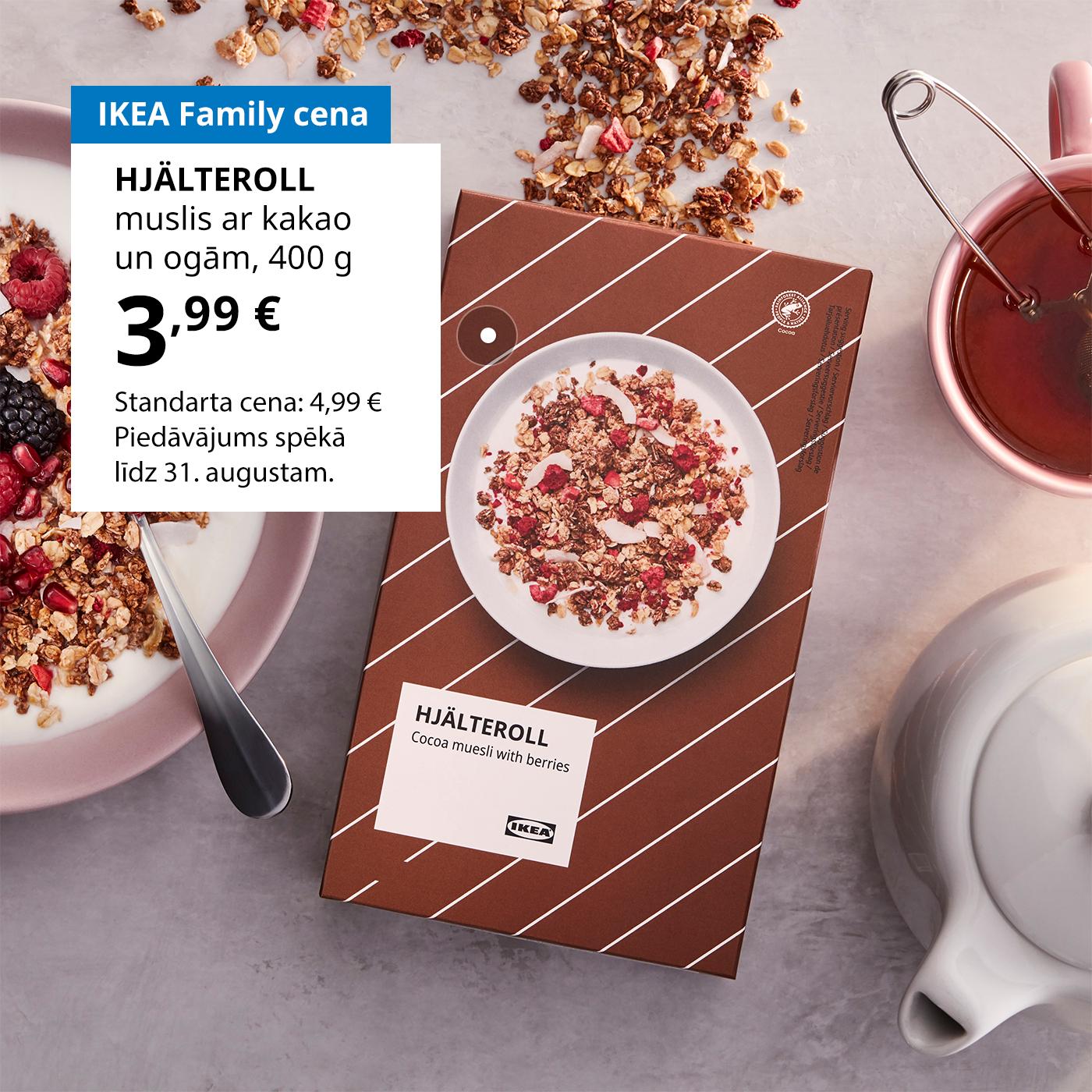 Īpašais piedāvājums IKEA Family kluba biedriem Zviedrijas pārtikas preču veikalā: HJÄLTEROLL musli ar kakao un ogām par 3,99 € (standarta cena: 4,99 €).