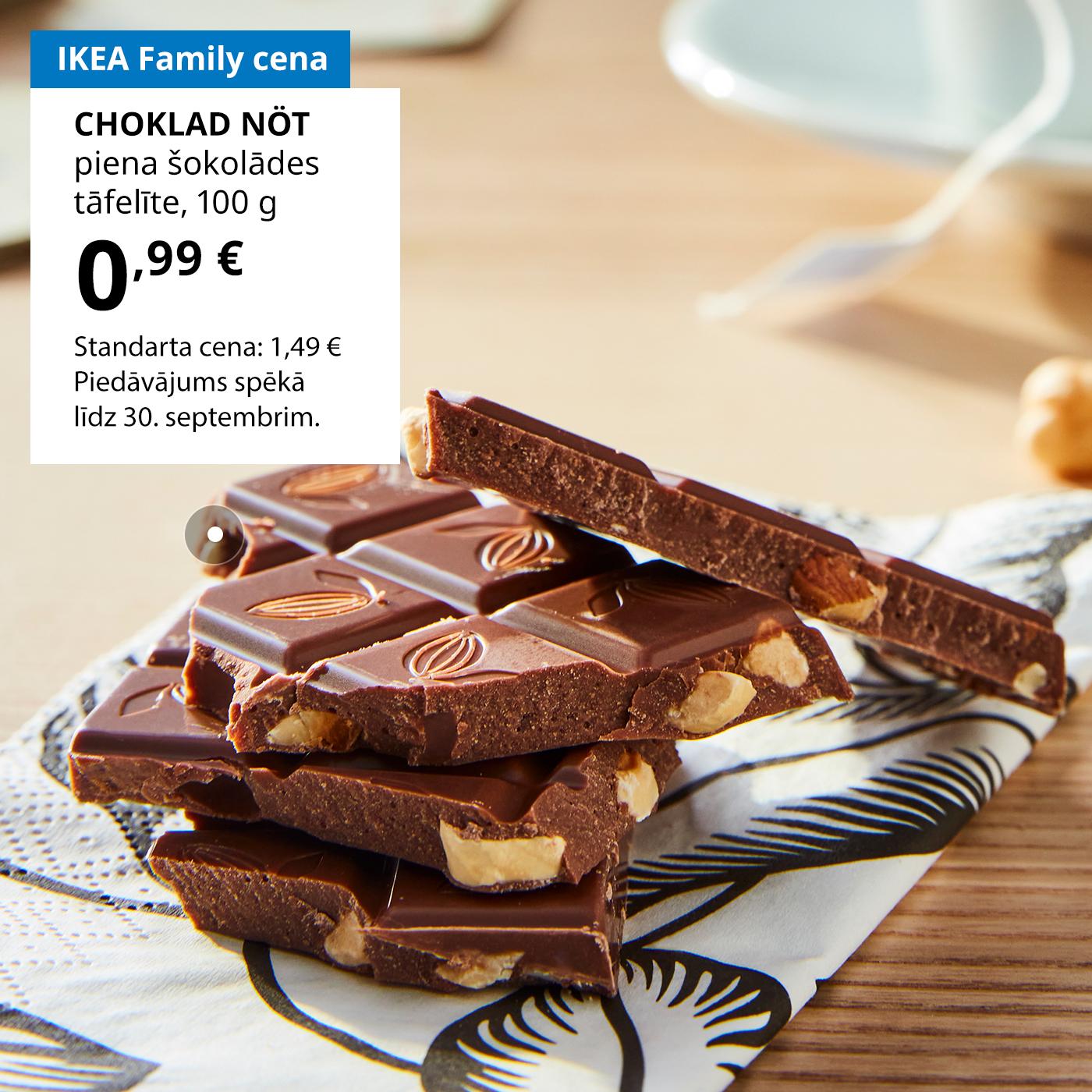 Īpašais piedāvājums IKEA Family kluba biedriem Zviedrijas pārtikas preču veikalā: CHOKLAD NÖT piena šokolādes tāfelīte ar lazdu riekstiem par 0,99 € (standarta cena: 1,49 €).