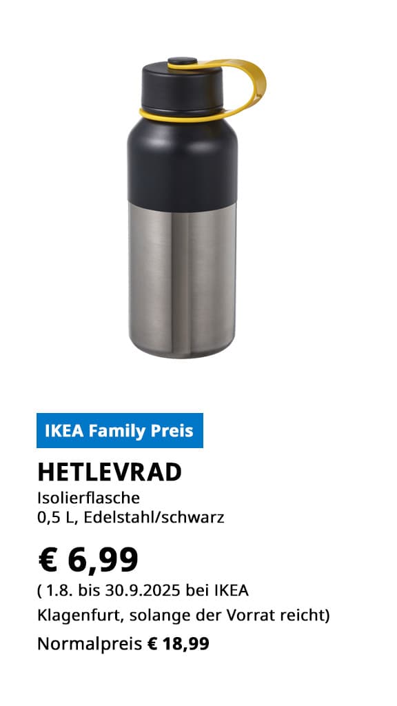 Isolierflasche Hetlevrad, 0,5 Liter, Edelstahl schwarz, statt € 18,99 zum IKEA Family Preis von € 6,99.