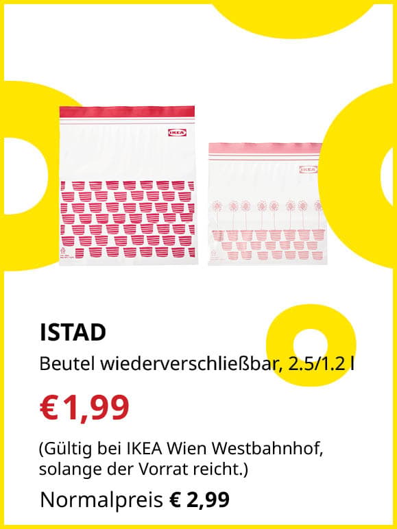 ISTAD Beutel, wiederverschließbar, gemustert rot/rosa, 2.5/1.2 l  für €1,99 statt €2,99. Gültig bei IKEA Wien Westbahnhof, solange der Vorrat reicht.