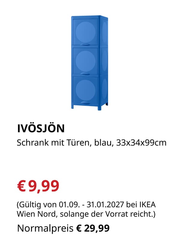 IVÖSJÖN
Schrank mit Türen, blau, 33x34x99cm

€9,99 statt €29,99