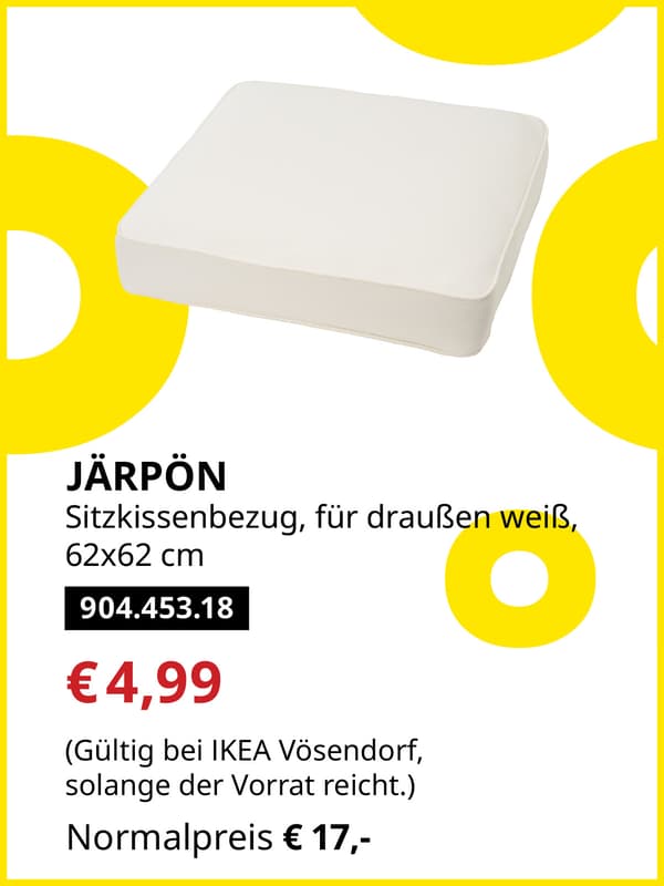 JÄRPÖN Sitzkissenbezug, für draußen weiß, 62x62cm statt € 17,- zum IKEA Frühlingsangebots-Preis von € 4,99