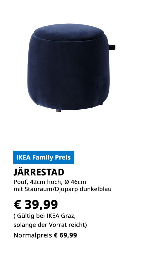 Järrestad Pouf, mit Stauraum, 42 cm hoch, Durchmesser 46cm, DJUPARP dunkelblau, statt € 69,99 zum IKEA Family Preis von € 39,99.