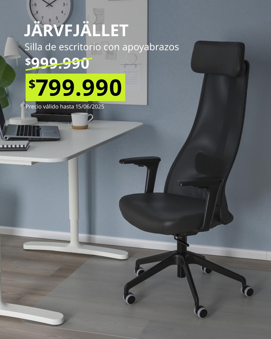 JÄRVFJÄLLET silla de oficina con apoyabrazos en negro, respaldo ergonómico con soporte lumbar ajustable