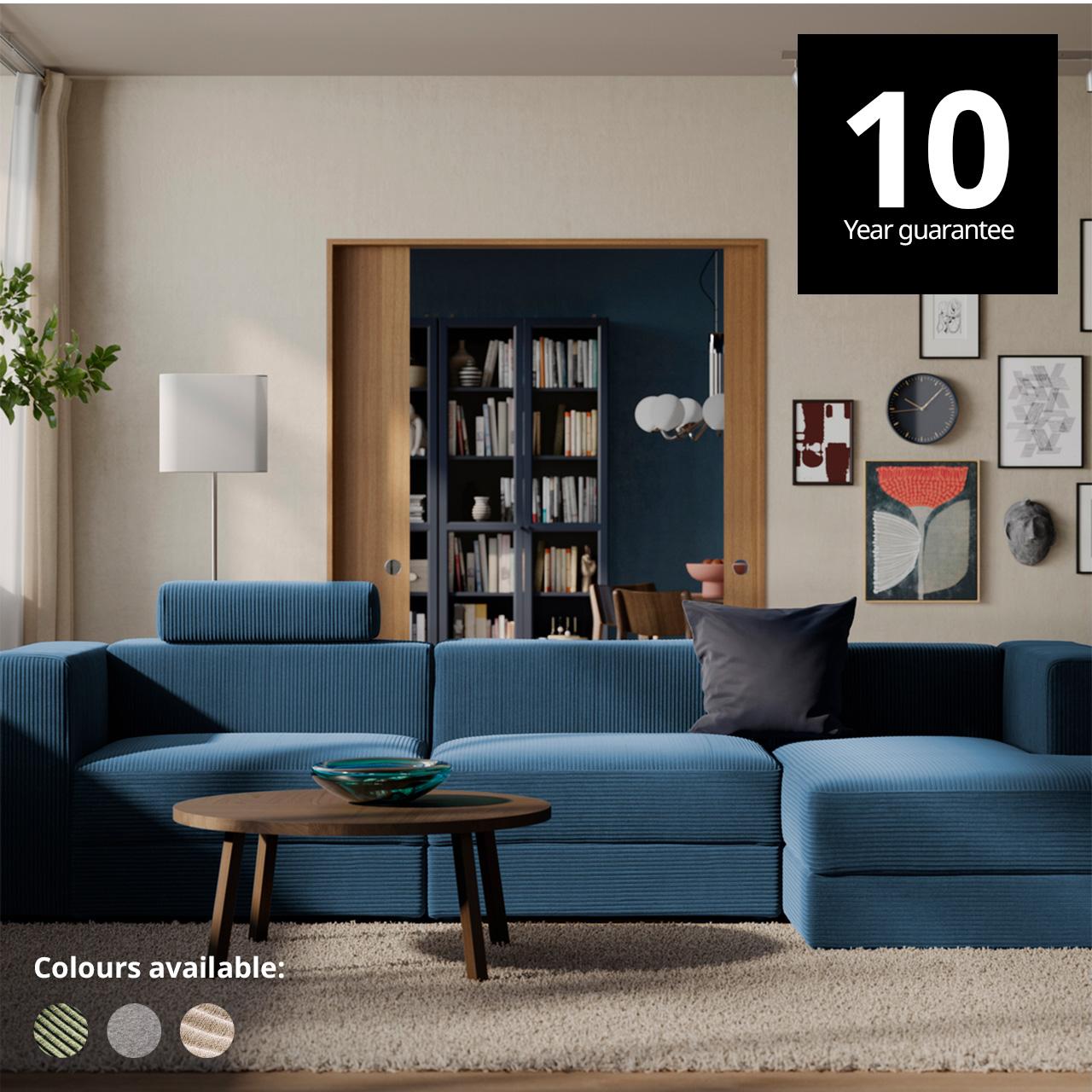 JÄTTEBO modular sofa in samsala dark blue colour  in spacious living room setting on top of a STOENSE off-white rug and a oak veneer STOCKHOLM 2025 coffee table.  A 10-year guarantee tag is placed over the image at the top right corner. White text overlay image that reads "Colours available:" with the colour swatch of Samsala dark yellow-green, Samsala grey-beige and Tonerud grey.