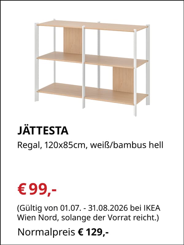 JÄTTESTA
Regal, 120x85cm, 
weiß/Bambus hell

€99,- statt €129,-