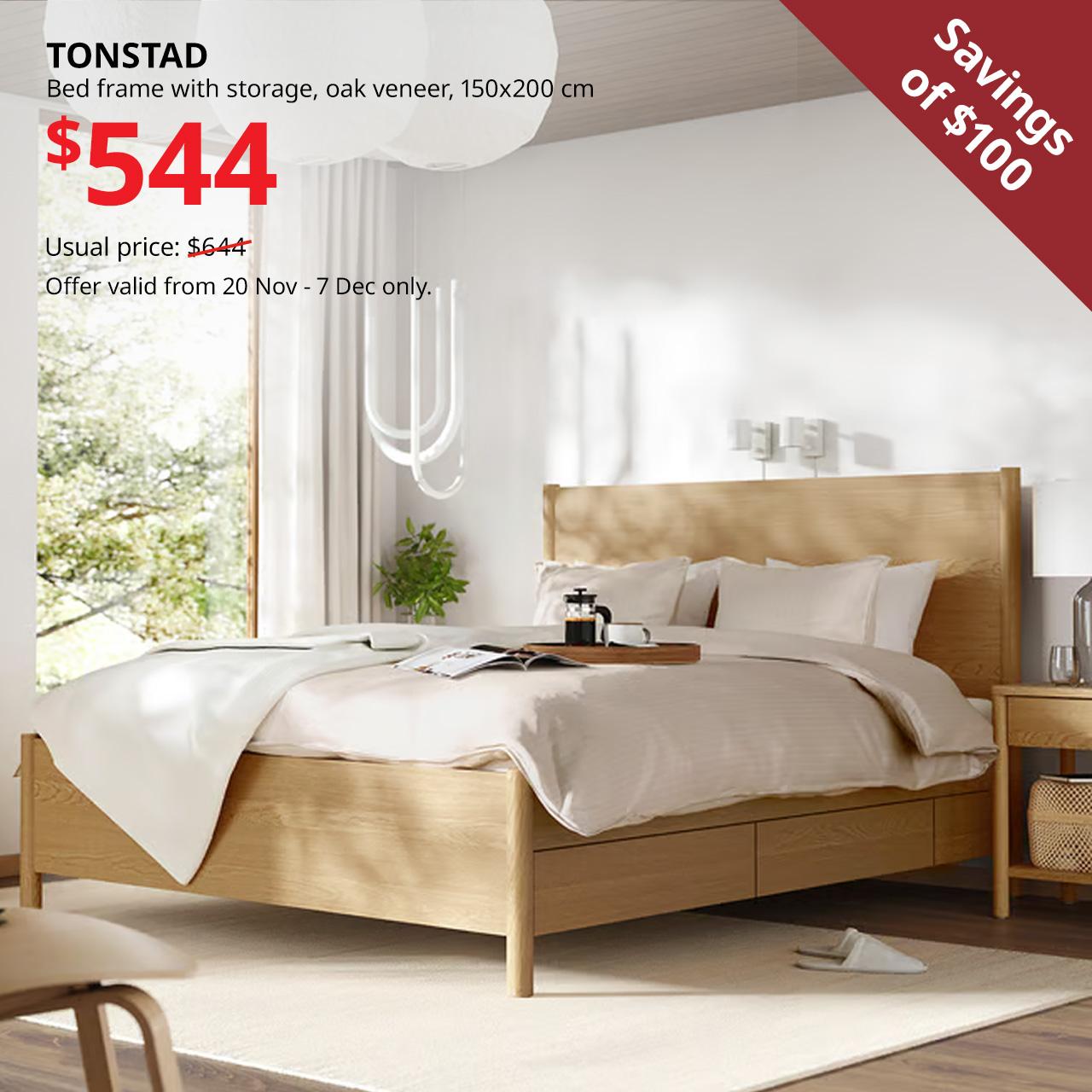 Japandi style bedroom featuring oak veneer TONSTAD bed frame with storage, 150x200cm.