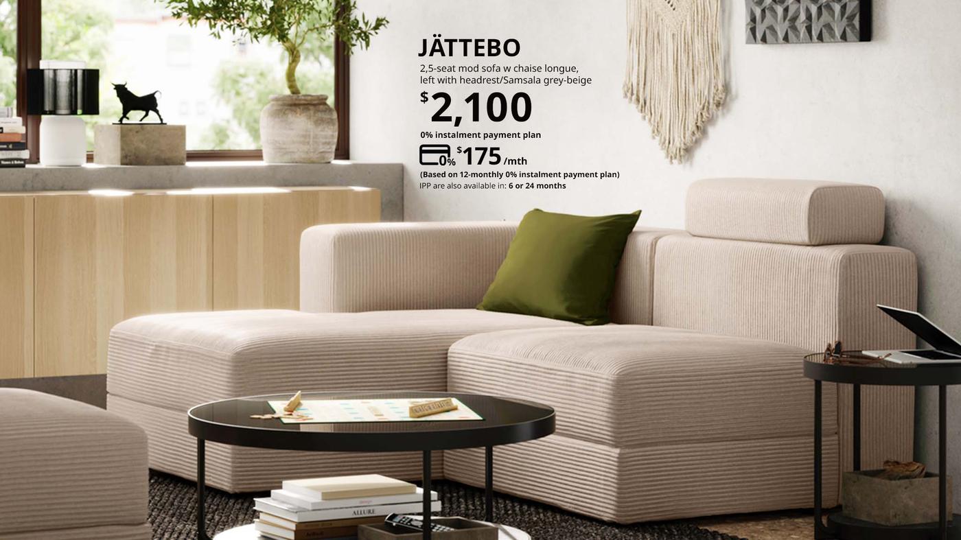 JATTEBO 2.5 seat modular sofa with chaise longue in living room setting with coffee table. Price: $2,100, $175 per month for 12 month 0% instalment payment plan.