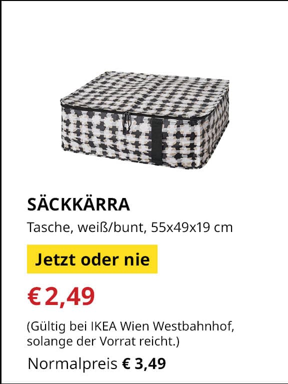 Jetzt oder Nie Angebot
SÄCKKÄRRA, Tasche, weiß/bunt, 55x49x19 cm
Jetziger Preis: €2,49
Vorheriger Preis: €3,49
Gültig nur bei IKEA Wien Westbahnhof, solange der Vorrat reicht