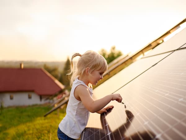 Jeune enfant aux cheveux blonds jouant avec une graminée sur la surface d’un panneau solaire, sous le soleil du soir.