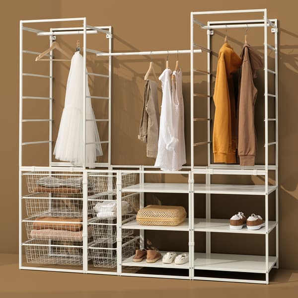 JONAXEL kledingkastcombinatie met planken, kledingroedes en draadmanden voor kleding en schoenen.