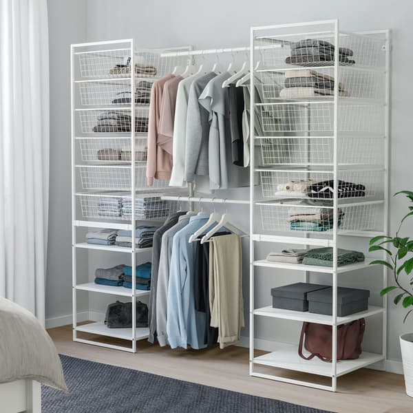 JONAXEL storage combination with wire baskets and clothes rails in white.