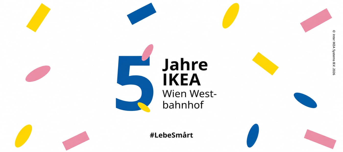 Jubiläumsgrafik zu 5 Jahren IKEA Wien Westbahnhof mit Konfetti auf weißem Hintergrund.