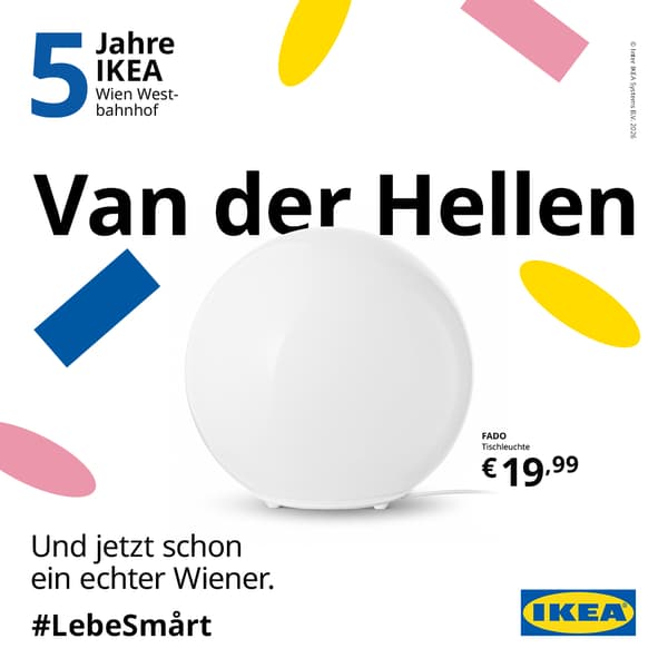 Jubiläumsgrafik zu 5 Jahren IKEA Wien Westbahnhof mit Konfetti auf weißem Hintergrund und einer Lampe mit der Headline 
