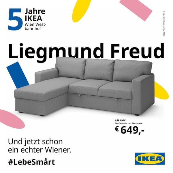 Jubiläumsgrafik zu 5 Jahren IKEA Wien Westbahnhof mit Konfetti auf weißem Hintergrund und einem Sofa mit der Headline 