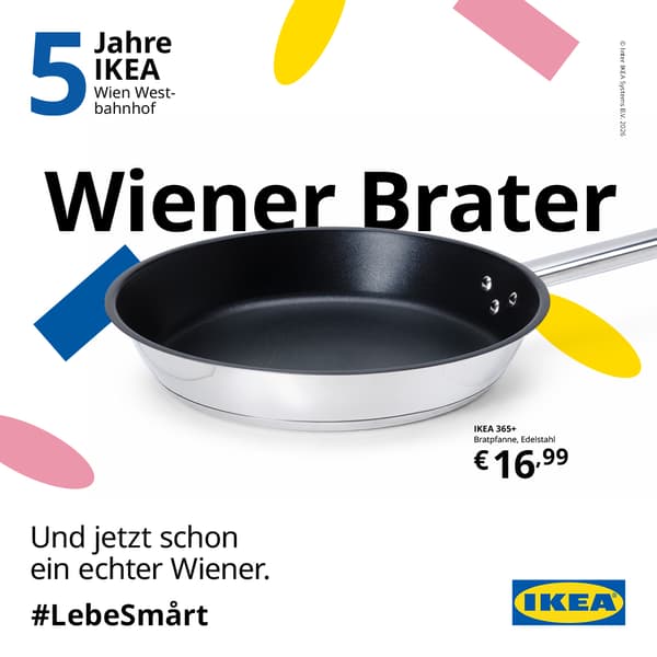 Jubiläumsgrafik zu 5 Jahren IKEA Wien Westbahnhof mit Konfetti auf weißem Hintergrund und einer Pfanne mit der Headline 