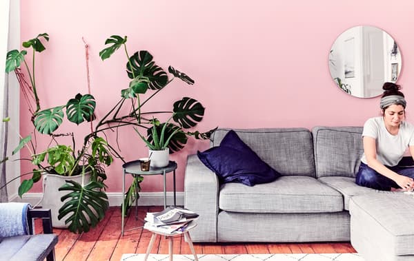 Julia assise sur un canapé gris dans un séjour avec un mur rose et une grande plante monstera.
