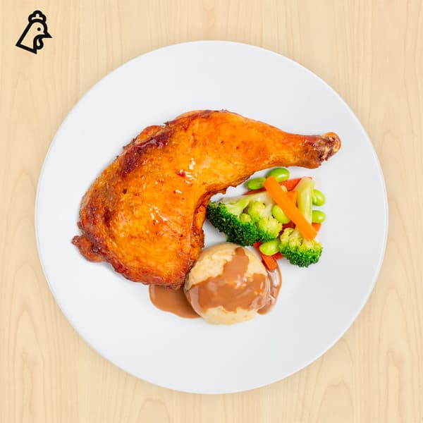 Jumbo baked chicken leg with mash potato & mixed vegetables. Chicken food symbols at top left corner. 