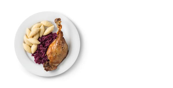 Kachní stehno
dušené zelí, bramborové šišky