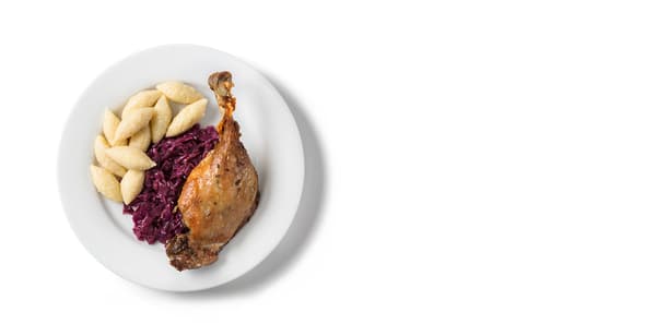 Kachní stehno, dušené zelí, bramborové šišky