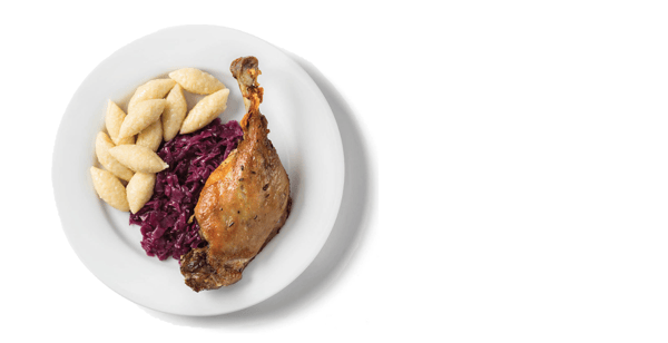 Kachní stehno, dušené zelí, bramborové šišky