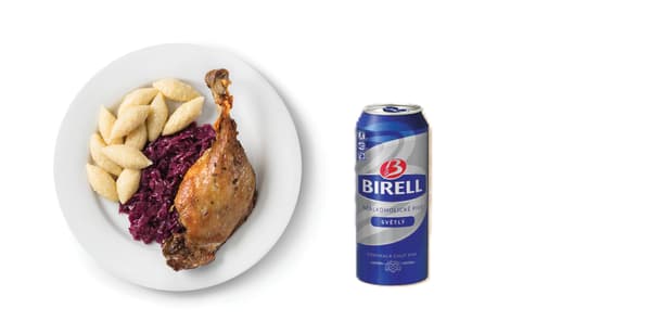 Kachní stehno
dušené zelí, bramborové šišky + nealkoholické pivo Birell
