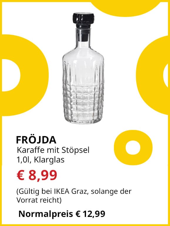 Karaffe mit Stöpsel Fröjda, 1,0 Liter, Klarglas statt € 12,99 um € 8,99.