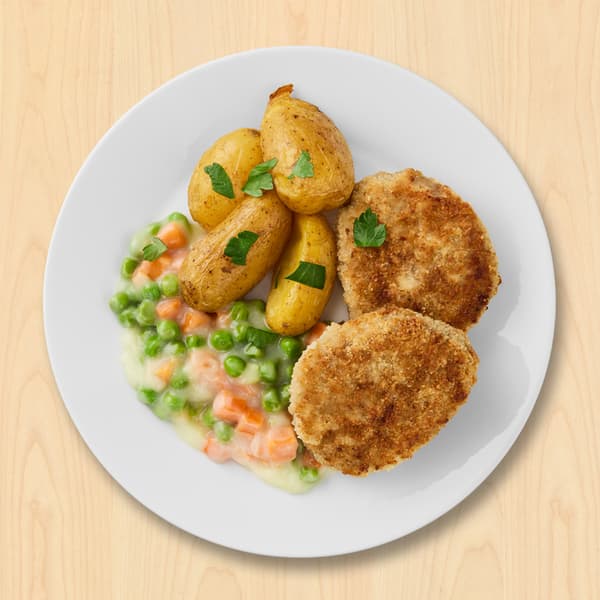 Karbonader
serveret med kartofler, stuvede ærter og gulerødder


119.-