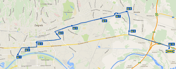 Karta Zagreba s označenim cestama i točkama interesa, te trasom IKEA autobusa